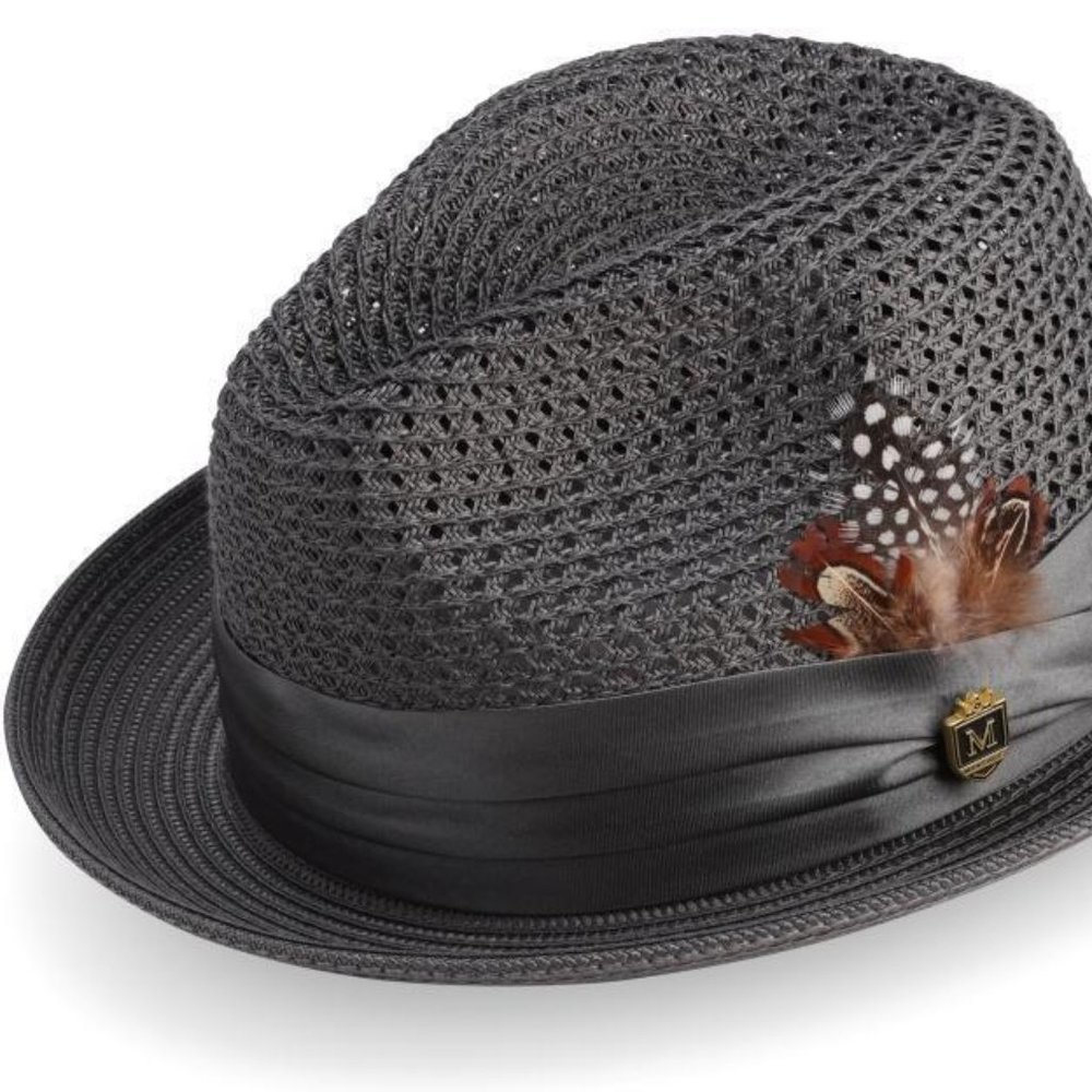 Montique BLACKPinch Braided Fedora With Matching Satin Ribbon- Brim  1 7/8. H 34